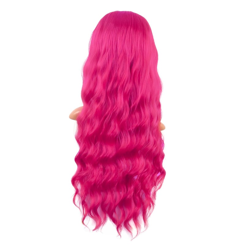 MapofBeauty 28 Inch/70 cm Long Wavy Middle Part with No Bangs Synthetic Fiber Curly Fashion Women Party Cosplay Wig (Hot Pink) - Image 4